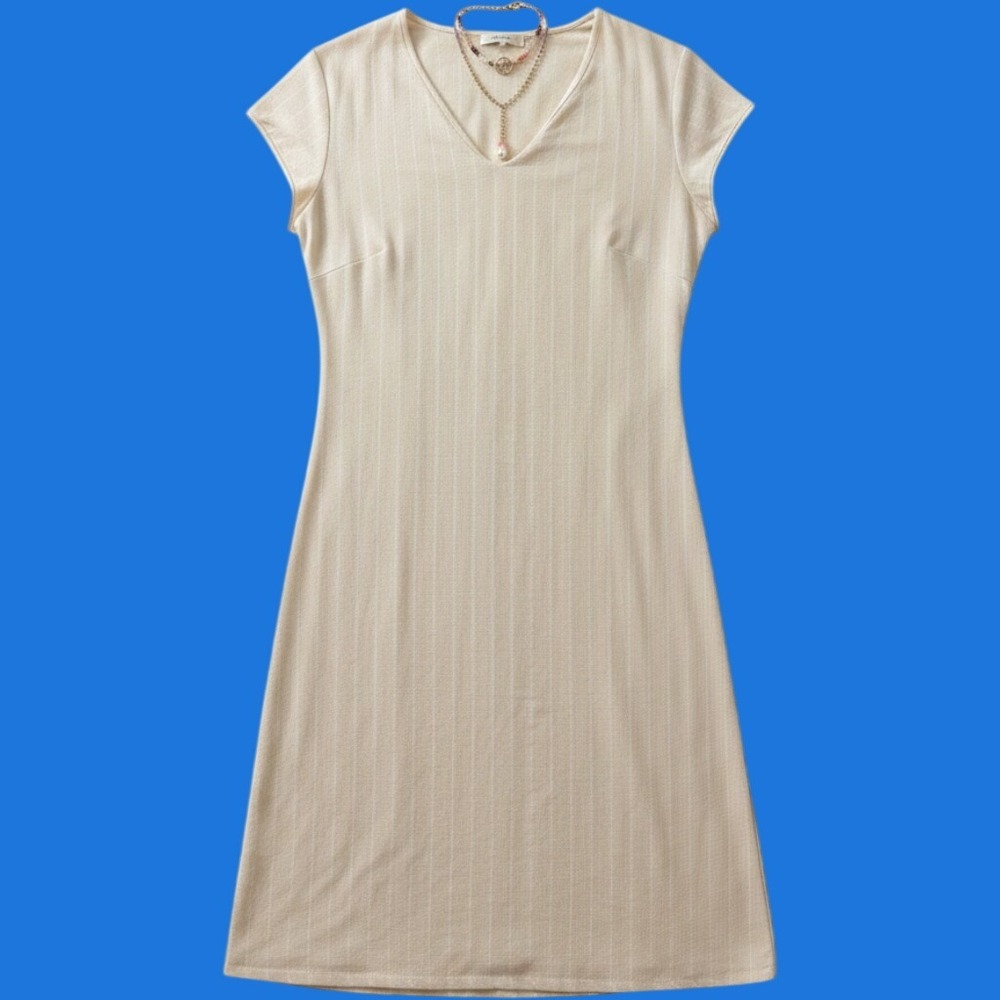 MTS Beige Pinstripe V-Neck Shift Dress Sleeveless Rayon Cream D1295 Size Medium